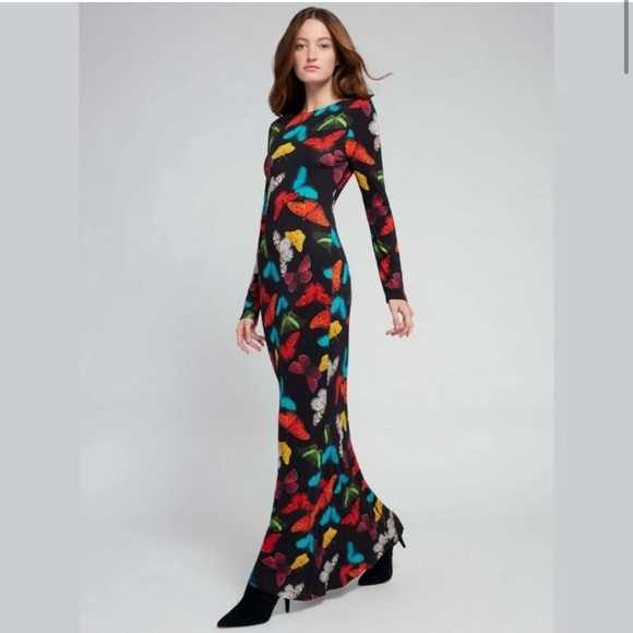 Alice + Olivia Rosaria Butterfly Print Low Back Fitted Maxi Dress in Red - Picture 5 of 16
